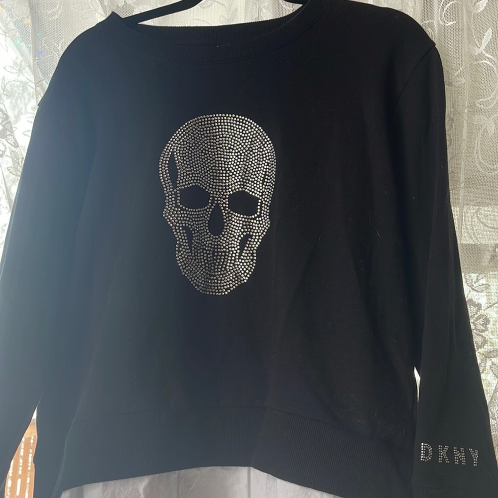 DKNY Black rhinestone Skull sweatshirt with faux button down hem